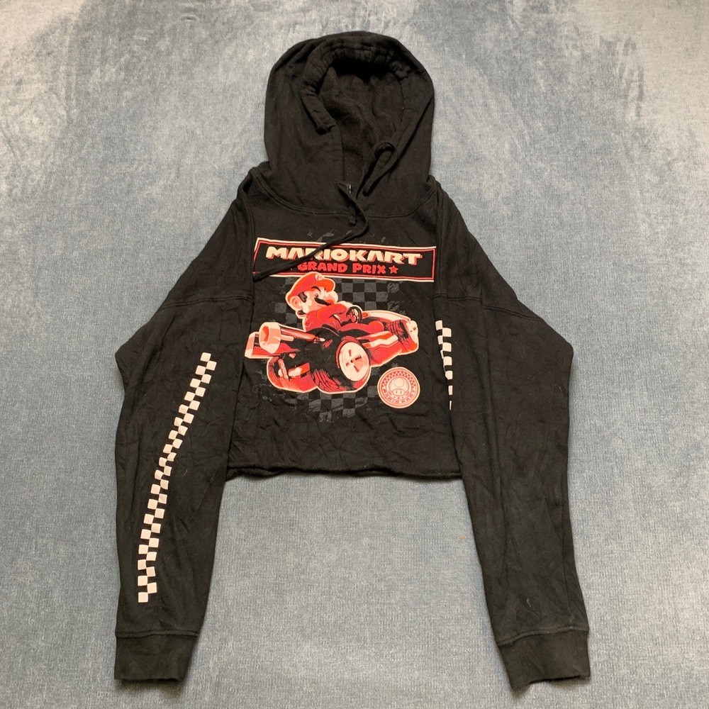 Super Nintendo World Mario Kart Cropped Hoodie Womens M Black Grand Prix Graphic